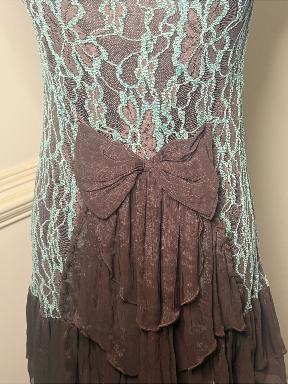 Altar'd State Mini Dress in Brown and Teal with Lace Accents & Bustle